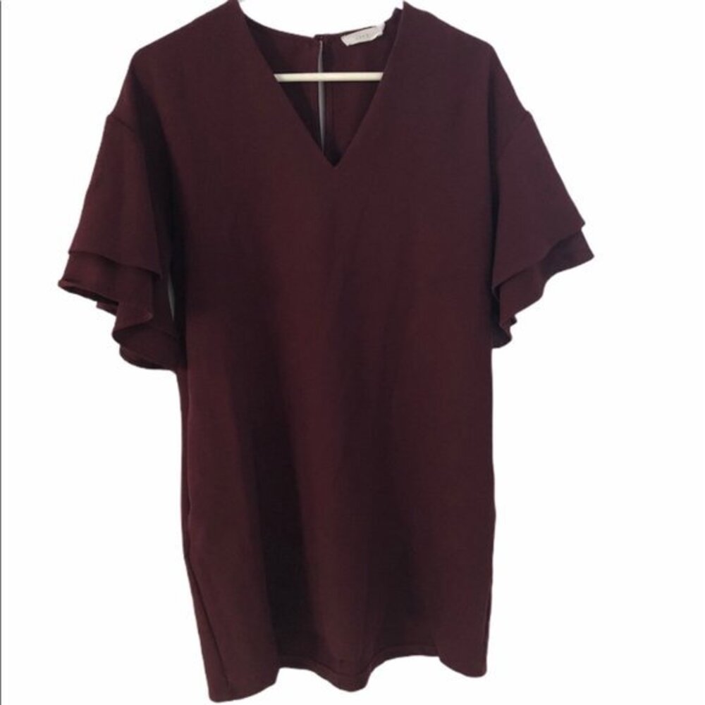 Lush Burgundy Faux‎ Suede V-Neck Ruffle Sleeve Shift Dress Wine Red